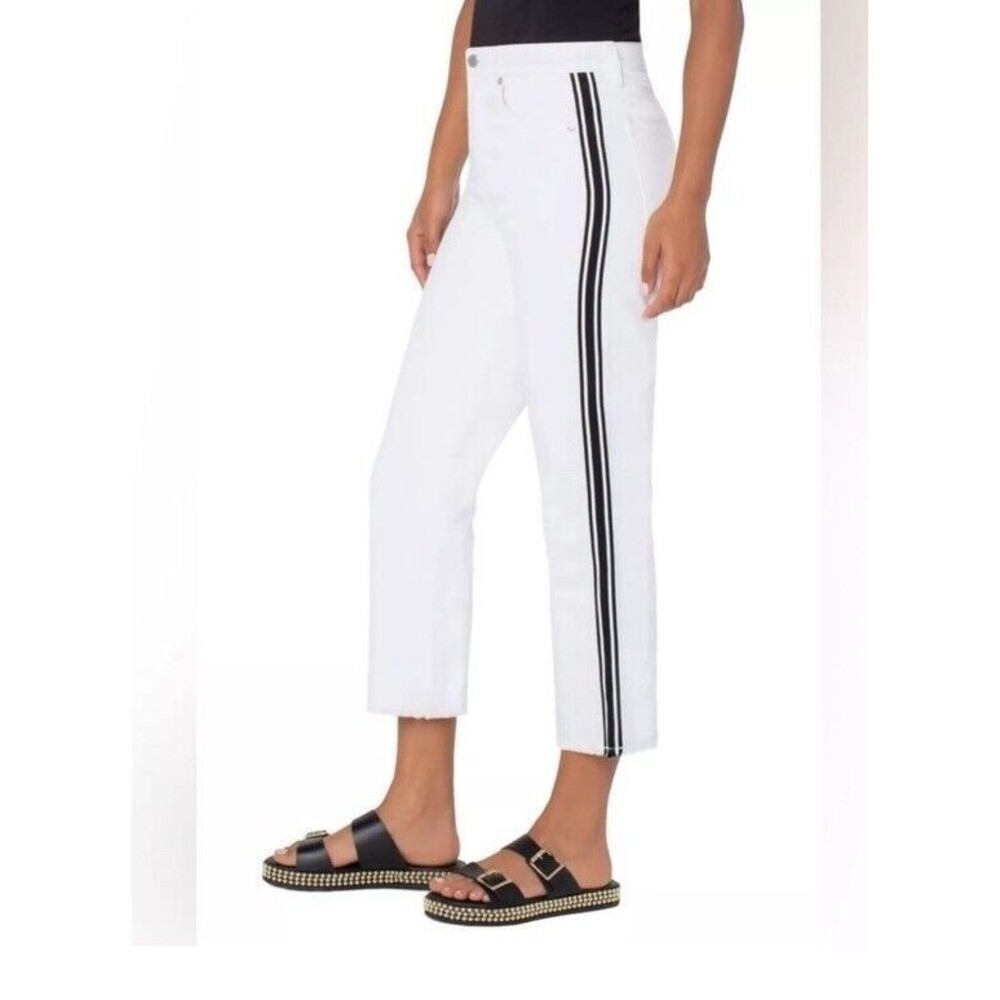 Women's White Straight Leg Jeans with Black Stripe